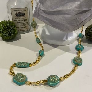 Teal and gold toned mask lanyard